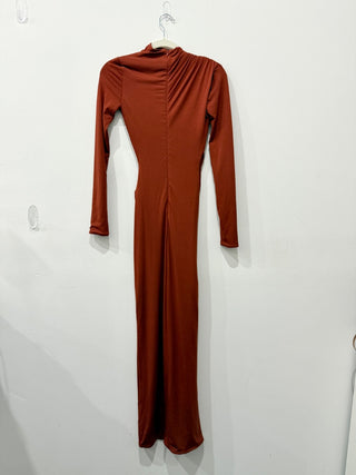 NWT PLT Label Double Layer Slinky Asymmetric Plunge Maxi Dress Rust Brown Size 0