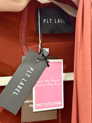 NWT PLT Label Double Layer Slinky Asymmetric Plunge Maxi Dress Rust Brown Size 0