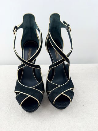 Louis Vuitton vintage suede gold trim platform sandals, 36.5