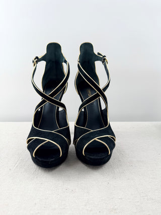Louis Vuitton vintage suede gold trim platform sandals, 36.5