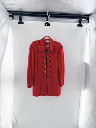 St. John knit jacket featuring structured silhouette with black piping and statement gold logo buttons, 14