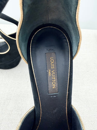 Louis Vuitton vintage suede gold trim platform sandals, 36.5