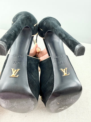 Louis Vuitton vintage suede gold trim platform sandals, 36.5