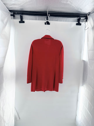 St. John knit jacket featuring structured silhouette with black piping and statement gold logo buttons, 14