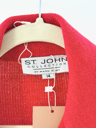 St. John knit jacket featuring structured silhouette with black piping and statement gold logo buttons, 14