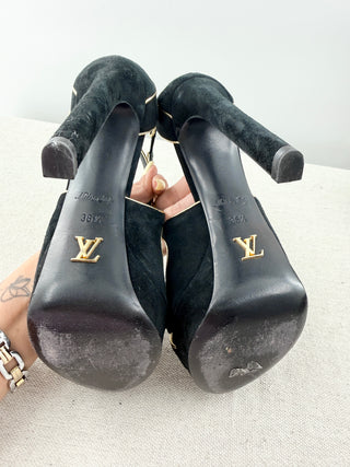 Louis Vuitton vintage suede gold trim platform sandals, 36.5