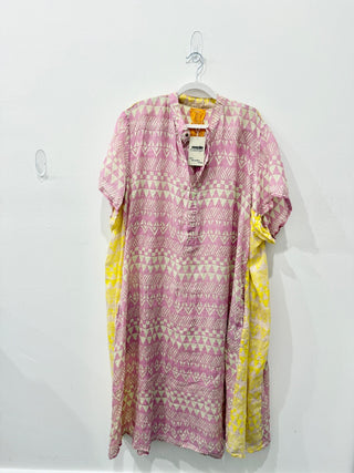 Yvonne S Patterned 100% Linen Short Sleeve Kaftan Dress Pink/Yellow Women's M