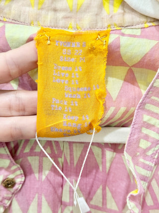 Yvonne S Patterned 100% Linen Short Sleeve Kaftan Dress Pink/Yellow Women's M