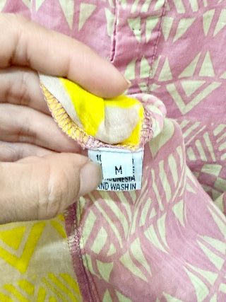 Yvonne S Patterned 100% Linen Short Sleeve Kaftan Dress Pink/Yellow Women's M