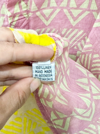 Yvonne S Patterned 100% Linen Short Sleeve Kaftan Dress Pink/Yellow Women's M