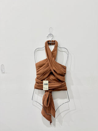 Just Bee queen brown gauze cotton wrap top, M