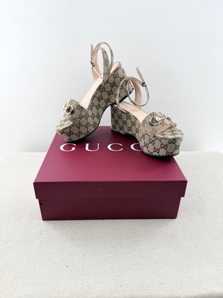 Gucci GG print horsebit platform sandals, 37.5