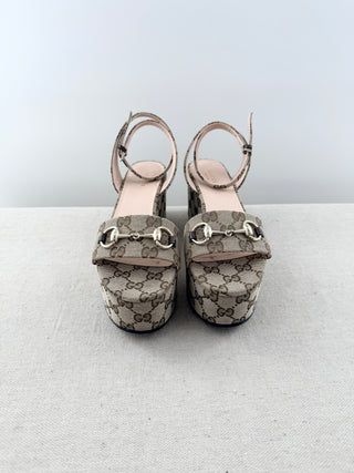 Gucci GG print horsebit platform sandals, 37.5