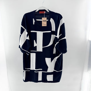 Carolina Herrera Short Sleeve Round Neck Graphic Knit Oversized Tee Navy L / XL
