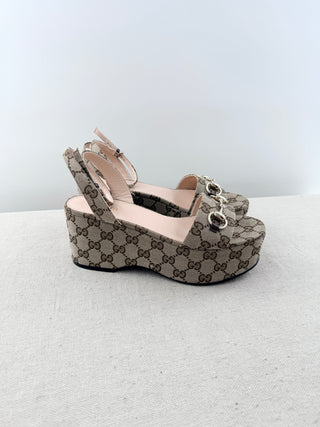Gucci GG print horsebit platform sandals, 37.5