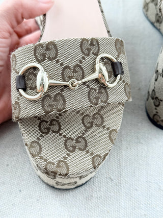 Gucci GG print horsebit platform sandals, 37.5