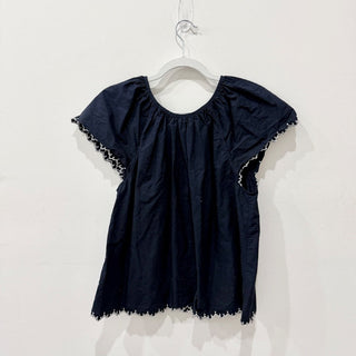 Ulla Johnson Embroidered Short Sleeve Scoop Neck Ruffle Blouse Navy Blue 4