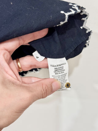 Ulla Johnson Embroidered Short Sleeve Scoop Neck Ruffle Blouse Navy Blue 4