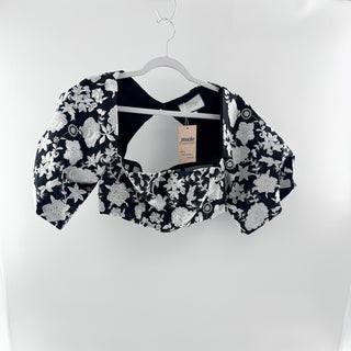Alexis Jacquard Floral Flare Sleeve Corset Crop Top Black White Women's Large