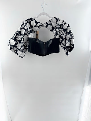 Alexis Jacquard Floral Flare Sleeve Corset Crop Top Black White Women's Large