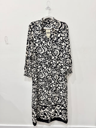 Zara Floral Printed Button Front Maxi Shirt Dress Black White Women's Size XL