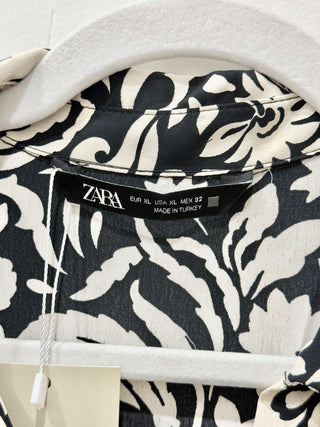 Zara Floral Printed Button Front Maxi Shirt Dress Black White Women's Size XL