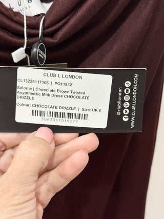 NWT Club L Salome Twisted Asymmetric Midi Dress Chocolate Drizzle Women's Size 2
