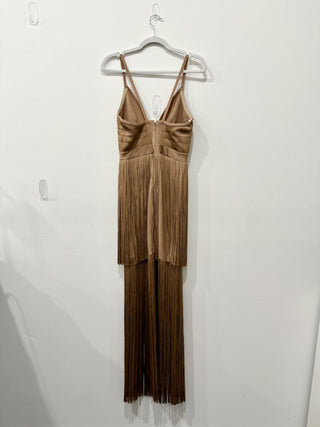 Hervé Léger Sleeveless Plunging Fringe Bandage Maxi Gown Light Brown Women Small
