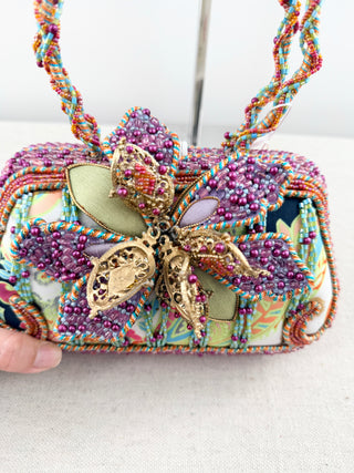Mary Frances Beaded floral handbag, with multicolor beadwork, floral embellishment, and top handle
