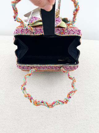 Mary Frances Beaded floral handbag, with multicolor beadwork, floral embellishment, and top handle