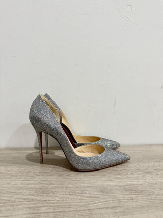 Christian Louboutin Iriza 100 Glitter Heel d'Orsay Stilettos Pumps Silver EU 39