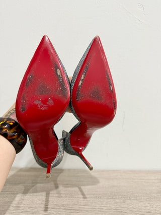 Christian Louboutin Iriza 100 Glitter Heel d'Orsay Stilettos Pumps Silver EU 39