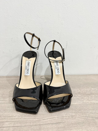 Jimmy Choo Brien 85 Patent Leather Wedge Heel Sandals Black Women's EU 38.5