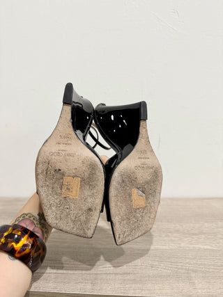 Jimmy Choo Brien 85 Patent Leather Wedge Heel Sandals Black Women's EU 38.5