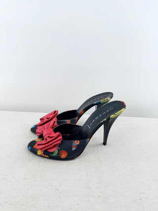 Casadei Peep toe pump, with red leather bow and satin fabric, 8