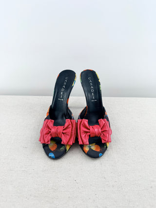 Casadei Peep toe pump, with red leather bow and satin fabric, 8