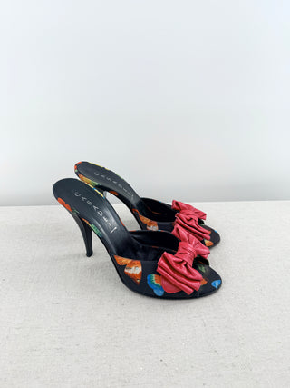 Casadei Peep toe pump, with red leather bow and satin fabric, 8