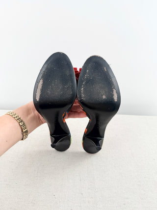 Casadei Peep toe pump, with red leather bow and satin fabric, 8