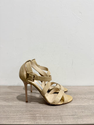 Jimmy Choo Lottie Crisscross Patent Leather Sandals Nude Beige Women's EU 37.5