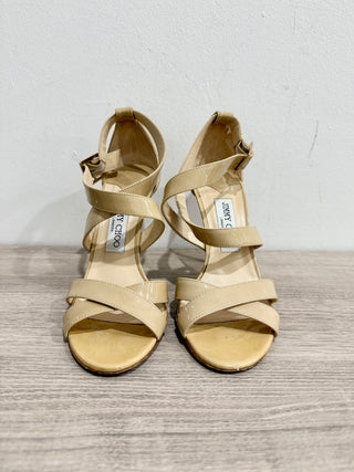 Jimmy Choo Lottie Crisscross Patent Leather Sandals Nude Beige Women's EU 37.5