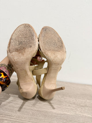 Jimmy Choo Lottie Crisscross Patent Leather Sandals Nude Beige Women's EU 37.5