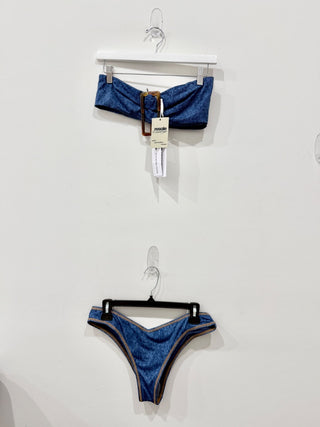 NWT WeWoreWhat Buckle Bandeau Bikini Top & Bikini Bottom Set Denim Women's Large