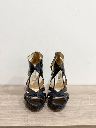 Jimmy Choo Patent Leather Caged Strappy High Heels Navy Blue Women's EU 37.5