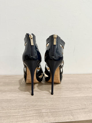 Jimmy Choo Patent Leather Caged Strappy High Heels Navy Blue Women's EU 37.5