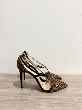 Jimmy Choo Tiff 85 Leopard Pony Hair Stilettos Heel Pumps Brown Women's EU 37