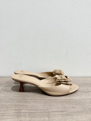 LPA Elba Flower Rosette Crochet Leather Slip On Mules Sandal Beige Women's US 9