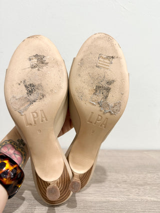 LPA Elba Flower Rosette Crochet Leather Slip On Mules Sandal Beige Women's US 9