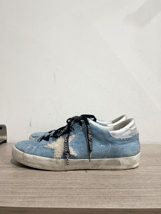 NWOT Golden Goose Super-Star Denim Shearling Low Top Sneakers Blue Women's EU 38