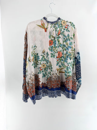 Johnny Was pleated floral silk tunic top, XXL