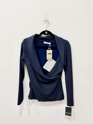 NWT Chiara Boni Lella Crepe Long Sleeve Blouse Midnight Blue Women's 42/ US 6